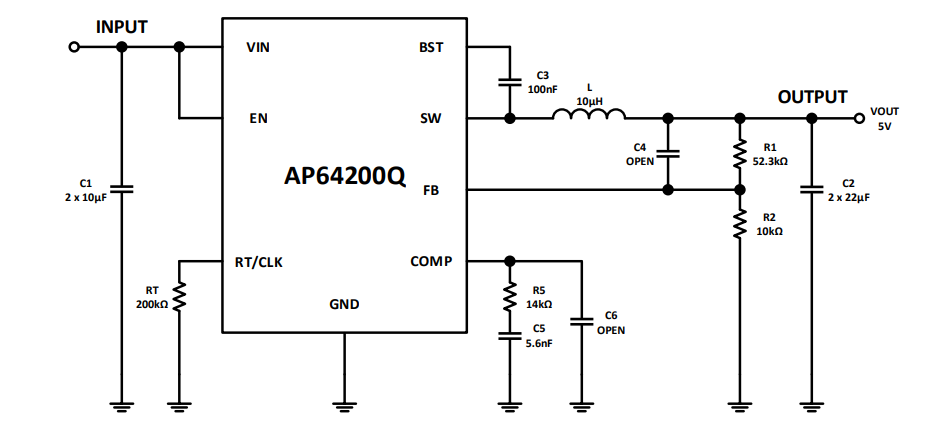 Application Circuit Diagram - Diodes Incorporated AP64200Q Automotive Synchronous Buck Converter